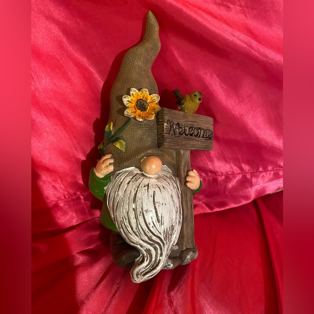 Whimsical Gnome Figurine with Sunflower and Bird